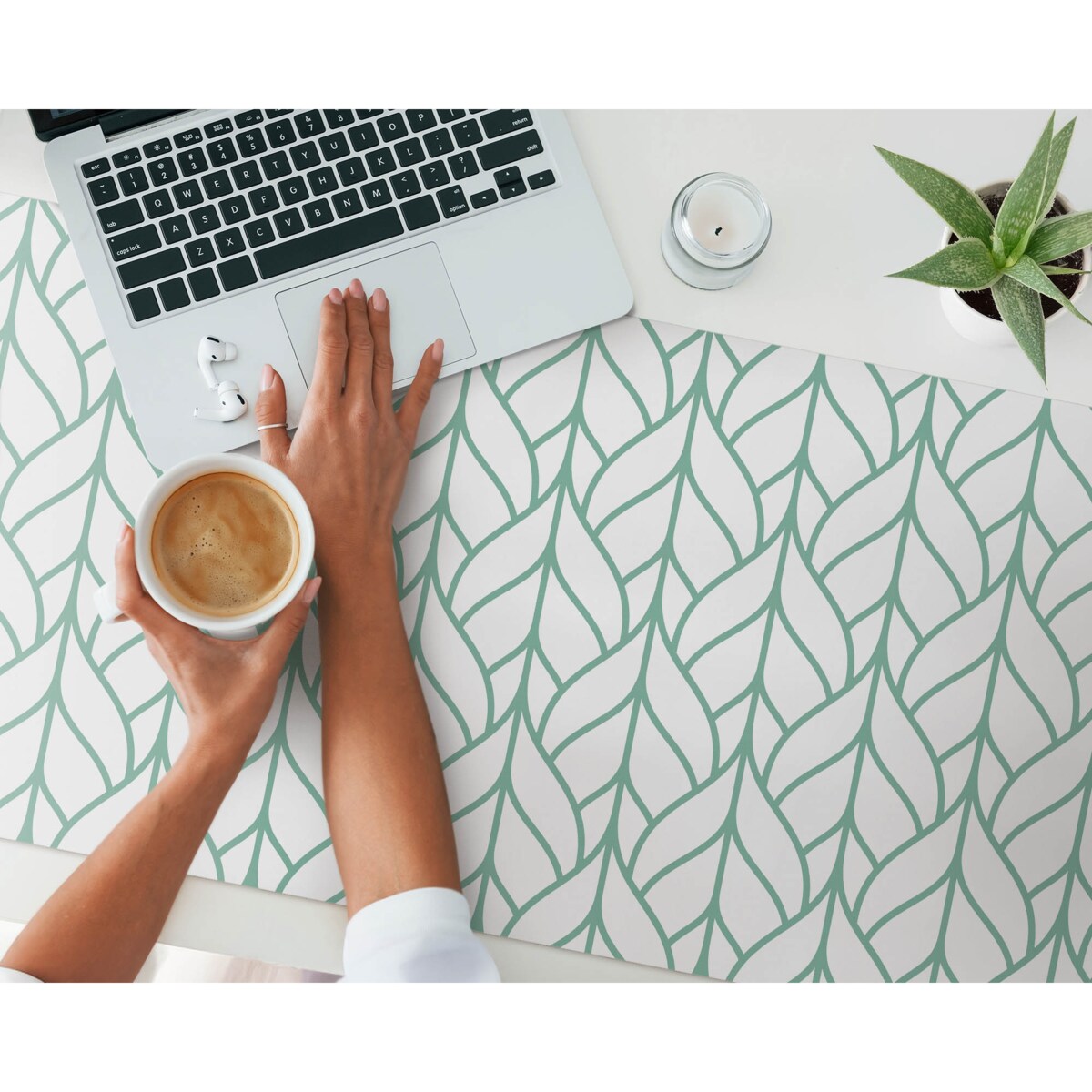Zielona mata na biurko Liście we wzorze, 120x60 cm