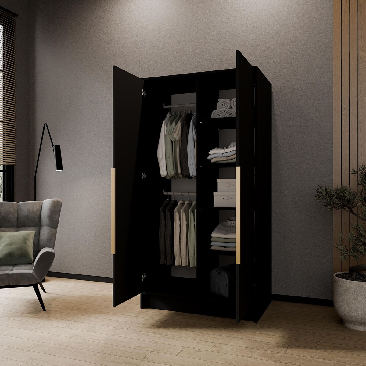 Szafa 100 gładka ORTO bez lustra ze złotymi uchwytami, czarna