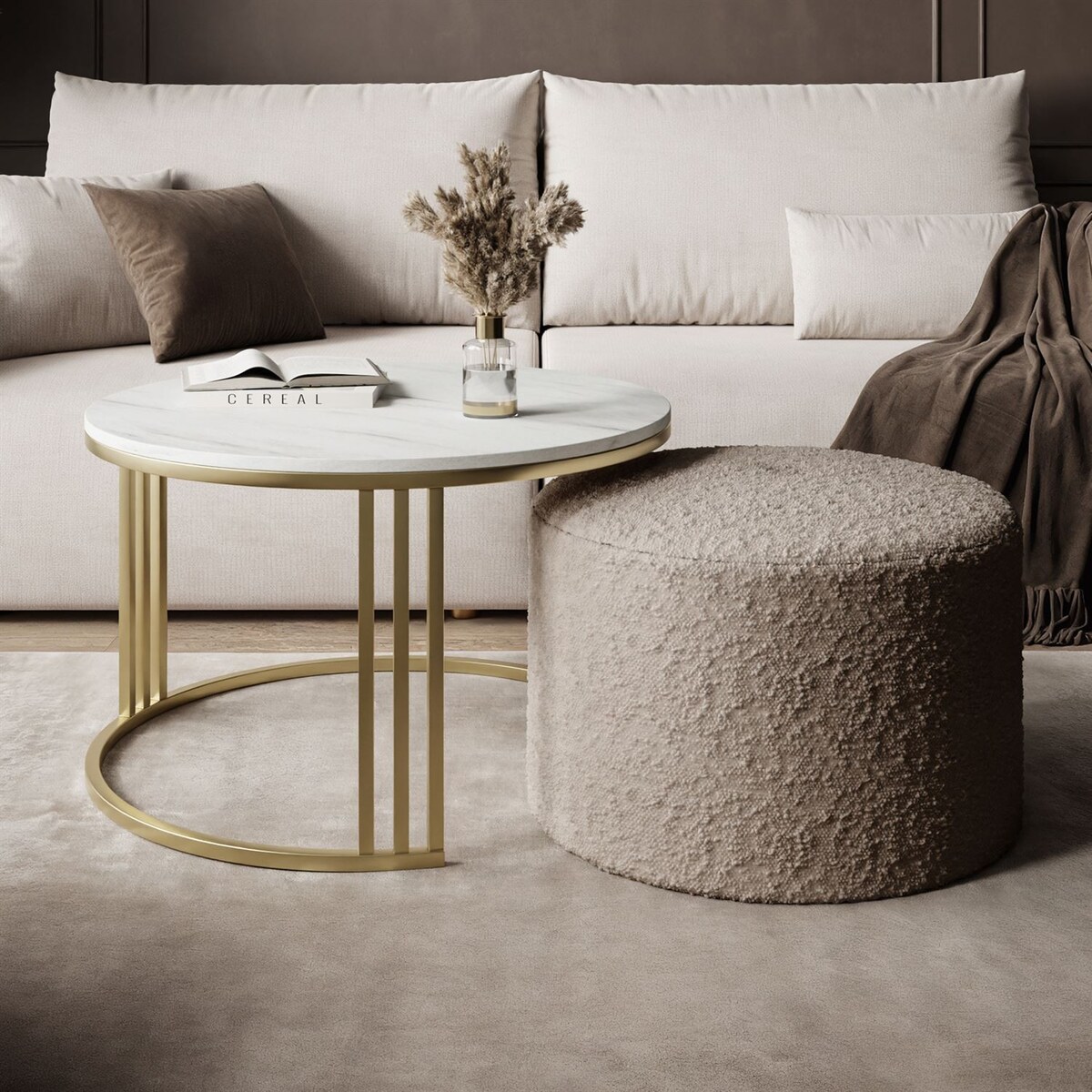 Stolik kawowy z pufą LORI MAT złoto szczotkowane, Marmur Levanto / Coral 50