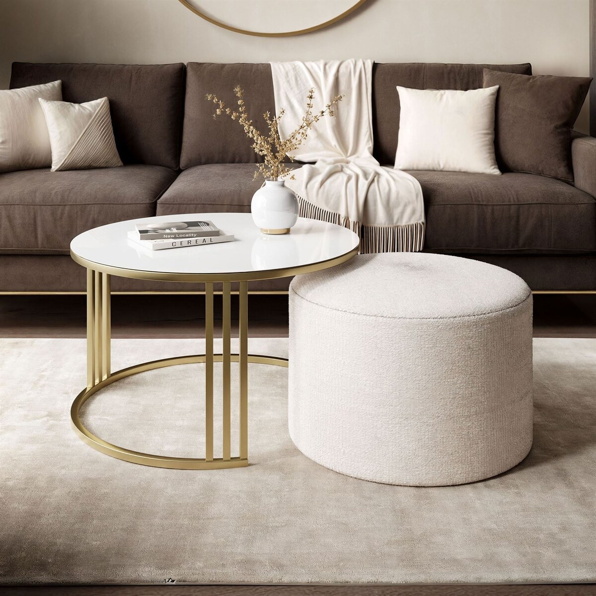 Stolik kawowy z pufą LORI GLASS złoto szczotkowane, białe szkło / Perfect Harmony 01