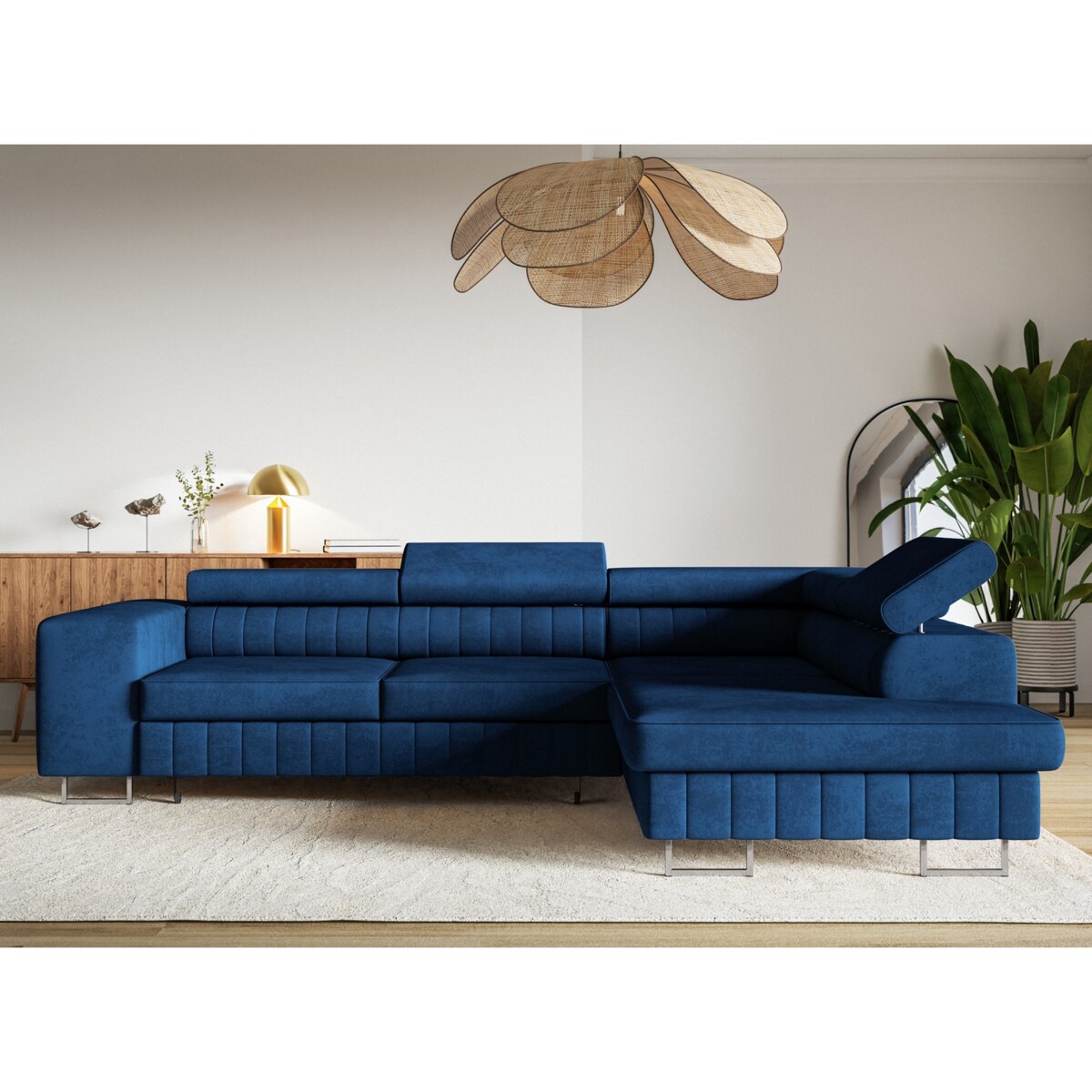 Narożnik NOLA do salonu, na srebrnych nogach-prawostronny- welur, granatowy