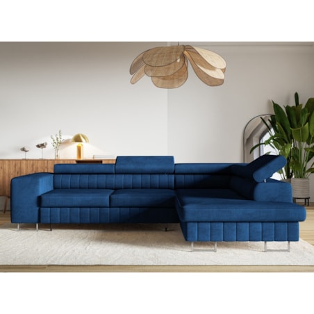 Narożnik NOLA do salonu, na srebrnych nogach-prawostronny- welur, granatowy