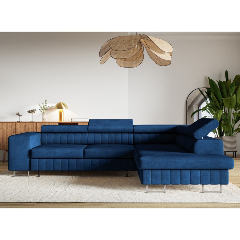 Narożnik NOLA do salonu, na srebrnych nogach-prawostronny- welur, granatowy