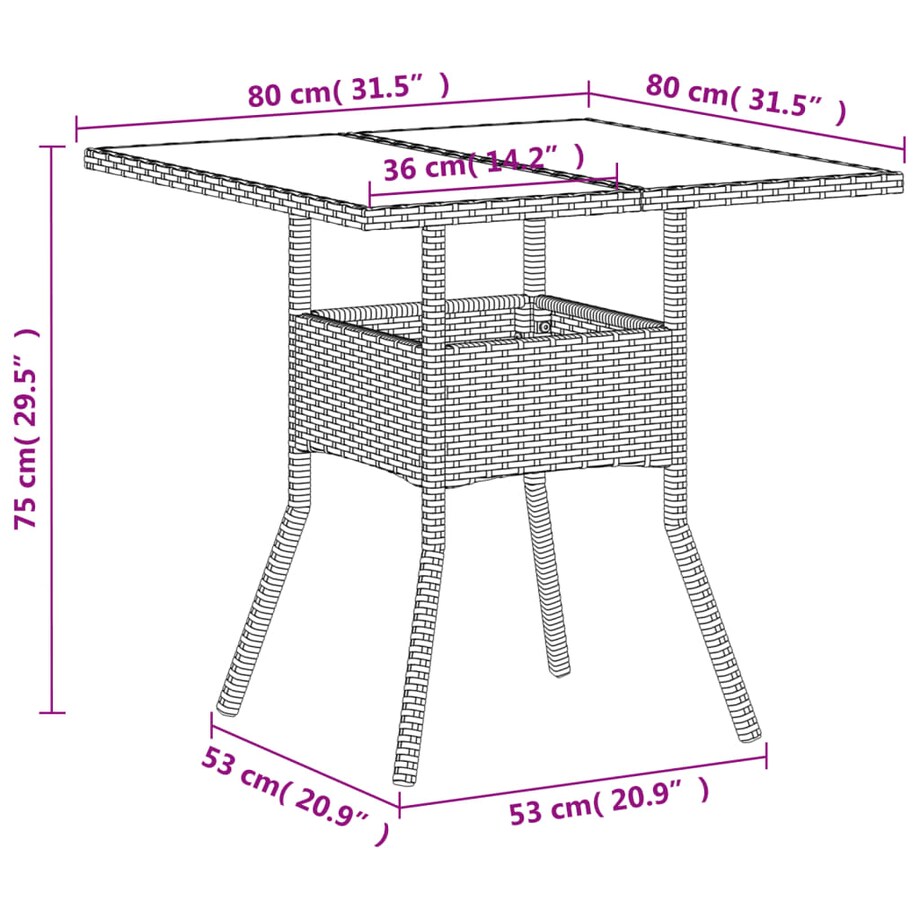 vidaXL Stół ogrodowy ze szklanym blatem, biały 80x80x75 cm, polirattan