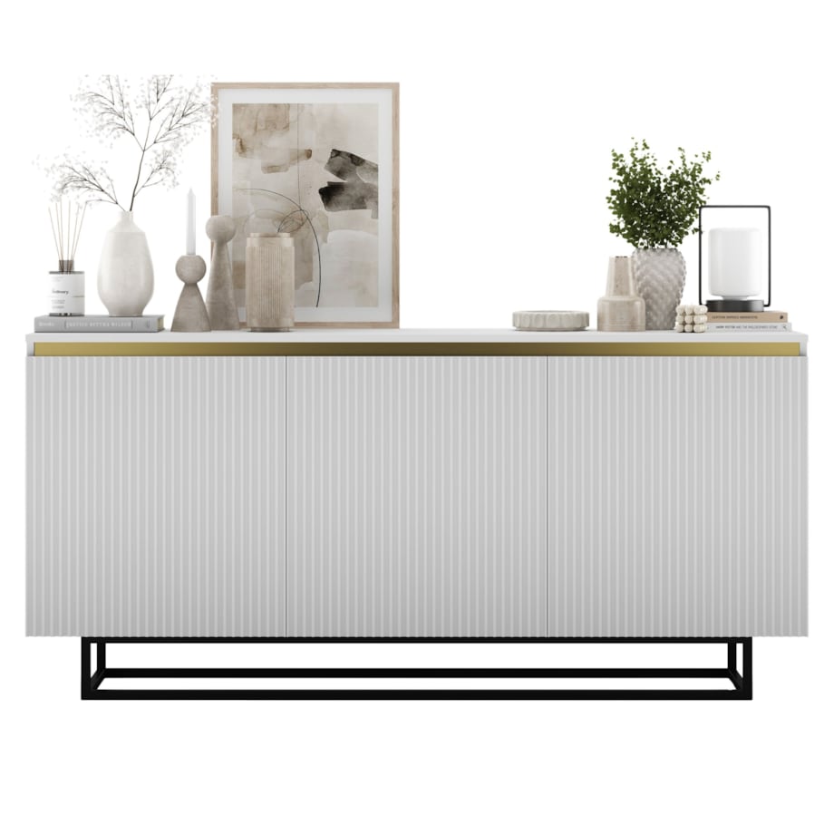 Komoda Glamour Szafka RTV Biały MAT ryflowane fronty czarny stelaż 166,8 cm