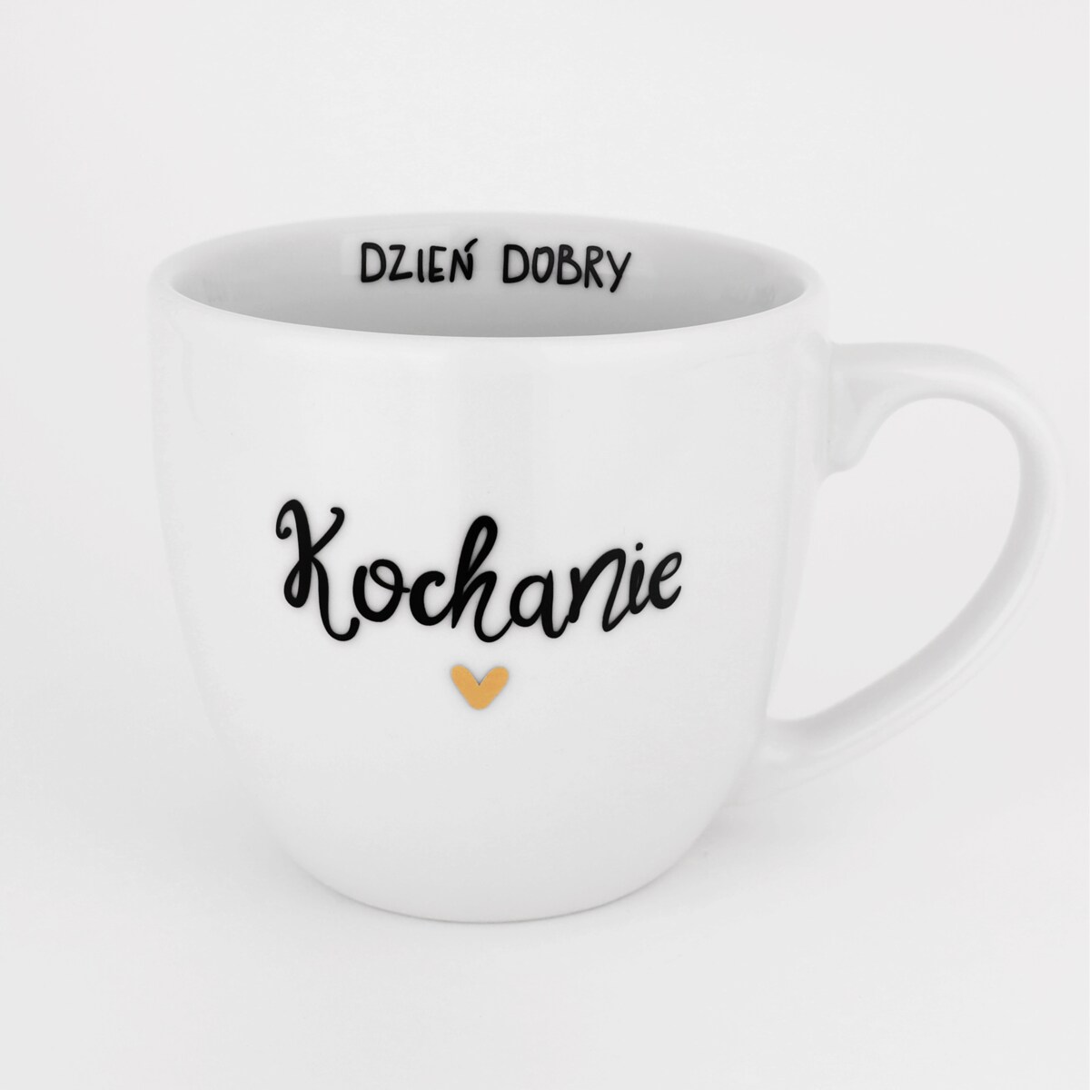 Biały Kubek Porcelanowy 300 ml - Napis Dzień Dobry Kochanie ze Złotym Sercem dla Ukochanej Osoby na Rocznicę
