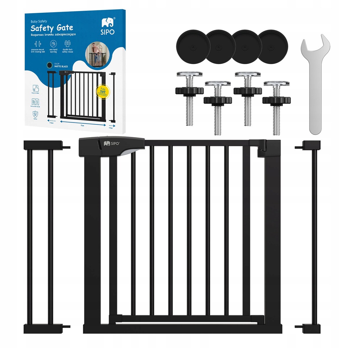 bramka na schody zabezpieczająca, barierka ochronna, sipo, 75-103 cm, czarna
