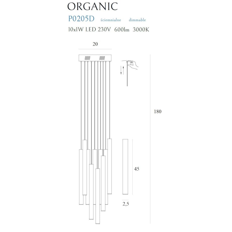 LAMPA wisząca ORGANIC P0205D Maxlight metalowa OPRAWA tuby LED 10W 3000K zwis sople miedź