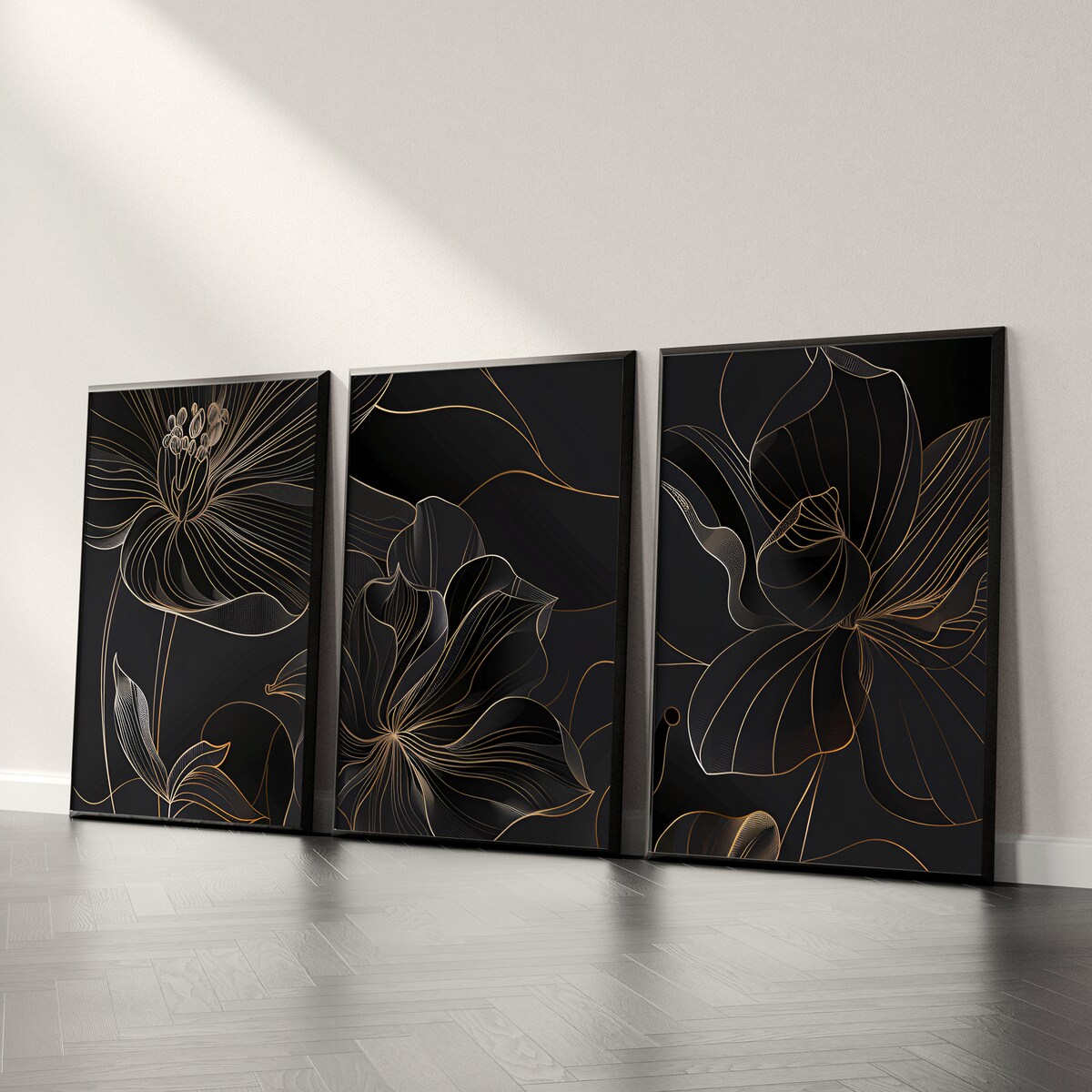 ZESTAW 3X PLAKAT W RAMIE KWIATY STYL LINE-ART STYL GLAMOUR DO SALONU 30x40cm