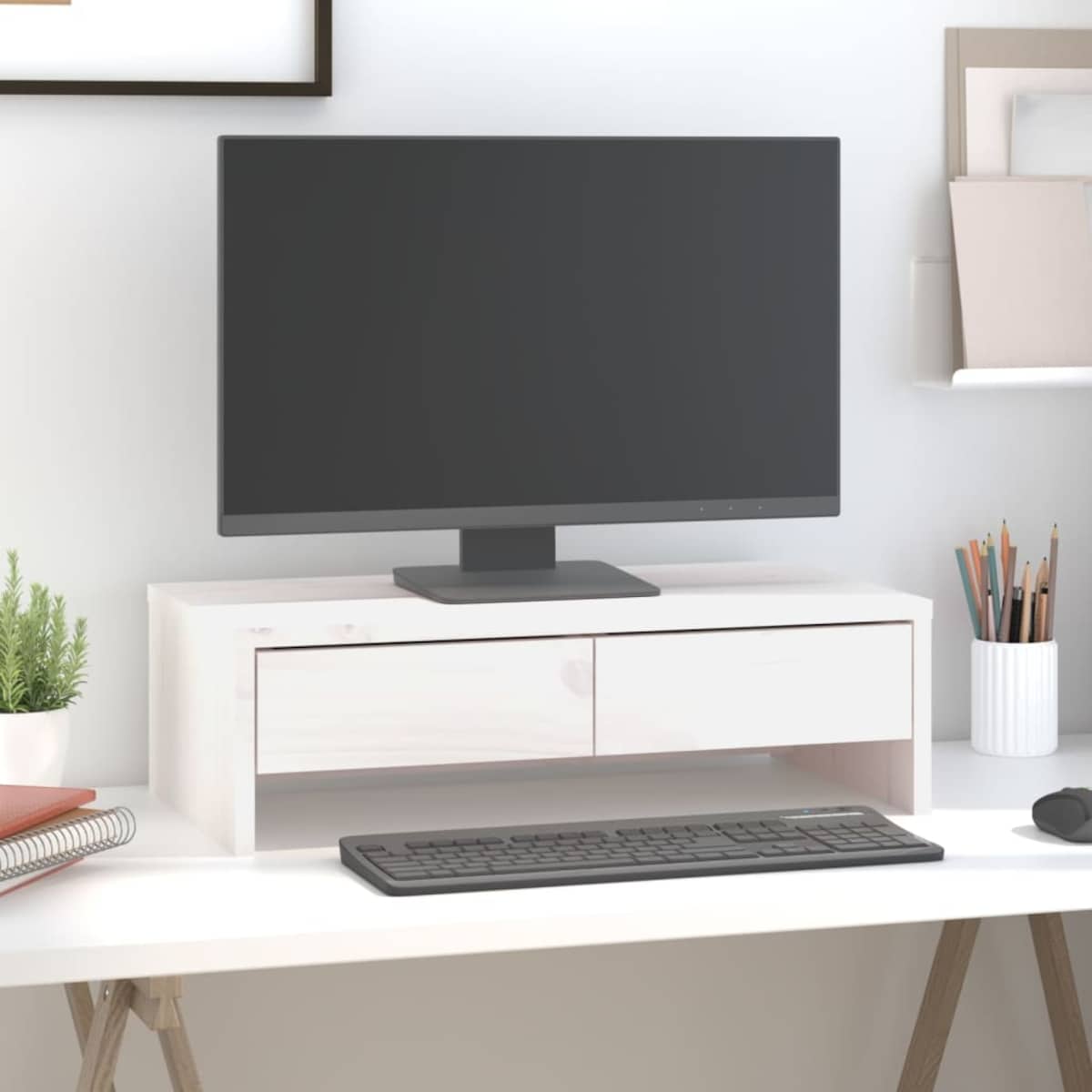 vidaXL Podstawka na monitor, biała, 50x27x15 cm, lite drewno sosnowe