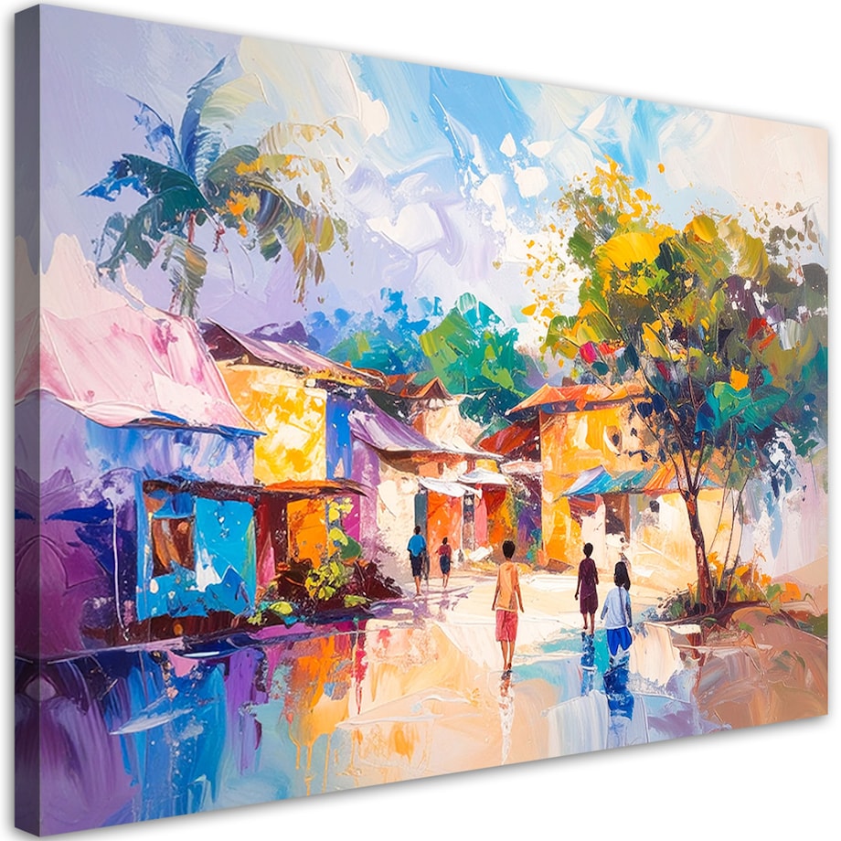 Obraz do pokoju dziecka salonu biura kuchni, Abstrakcja Kolorowa wioska domy ludzie 120x80 cm