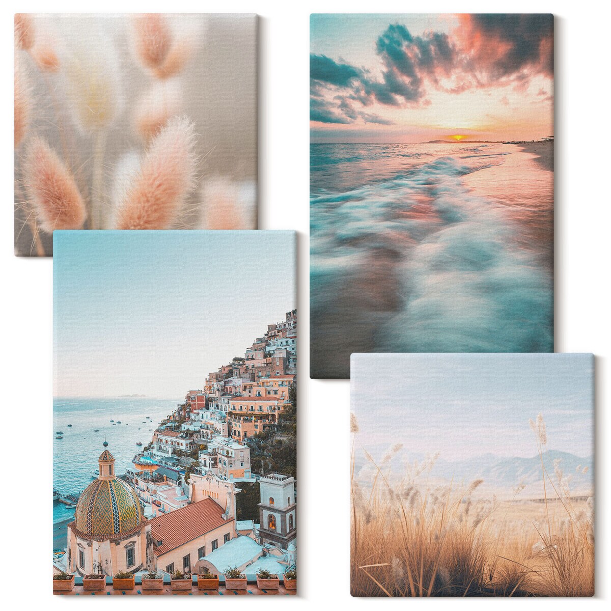 Zestaw 4 obrazów na płótnie - Morze zachód słońca domy kwiaty - turkusowy