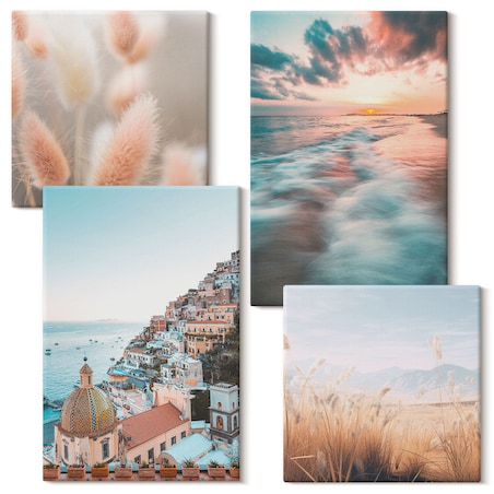 Zestaw 4 obrazów na płótnie - Morze zachód słońca domy kwiaty - turkusowy