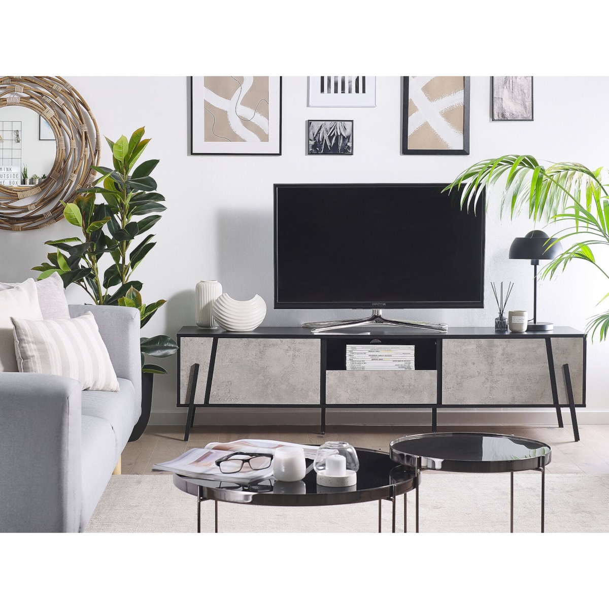 Szafka RTV efekt betonu z czarnym BLACKPOOL