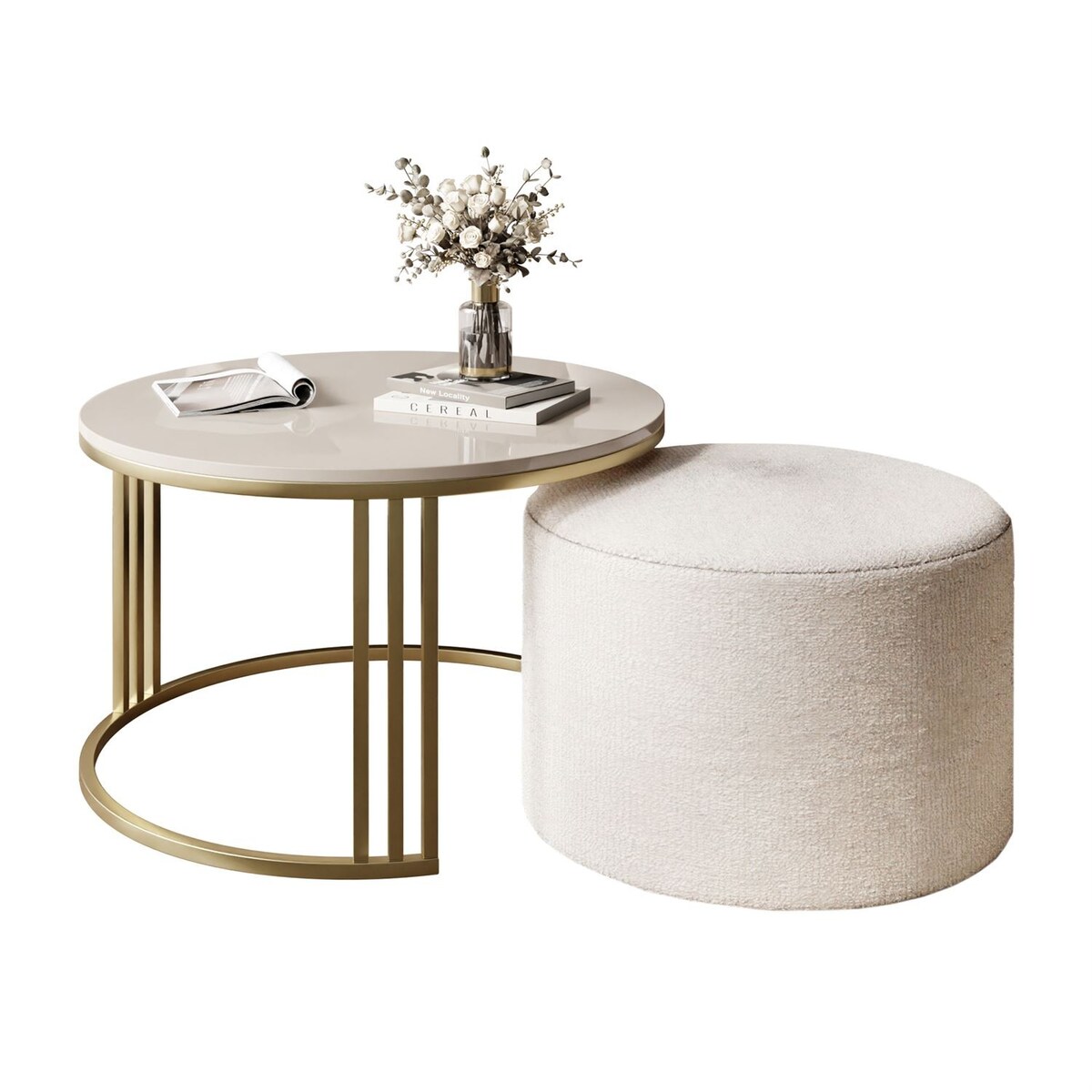 Stolik kawowy z pufą LORI POŁYSK złoto szczotkowane, kaszmir / Perfect Harmony 01