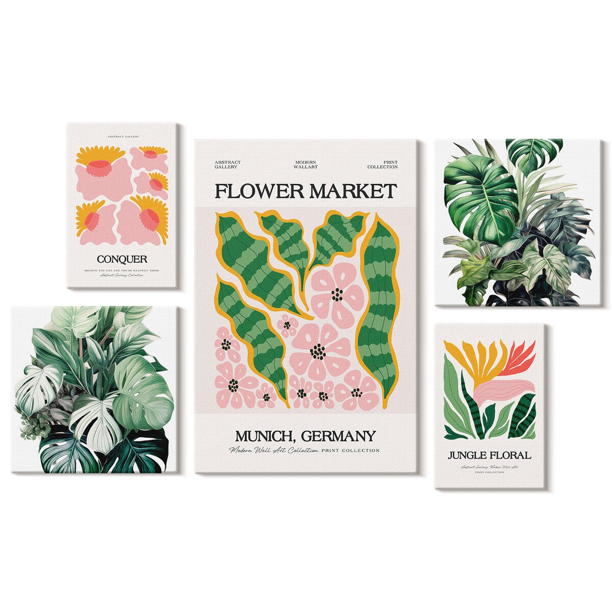 Zestaw 5 obrazów na płótnie - Roślinne motywy boho kwiaty - zielony