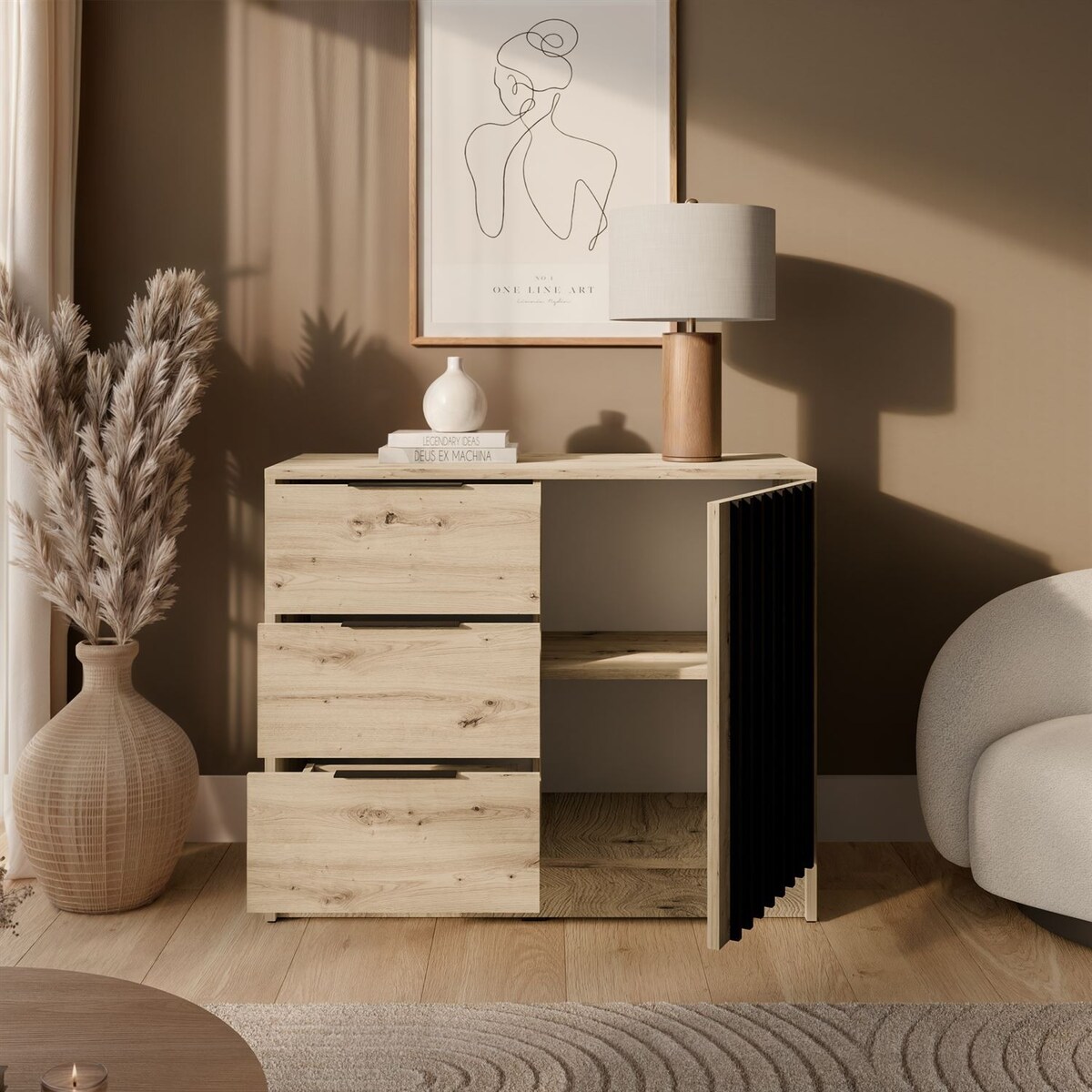 Komoda NELA 1D3S z lamelami, dąb artisan + czarny