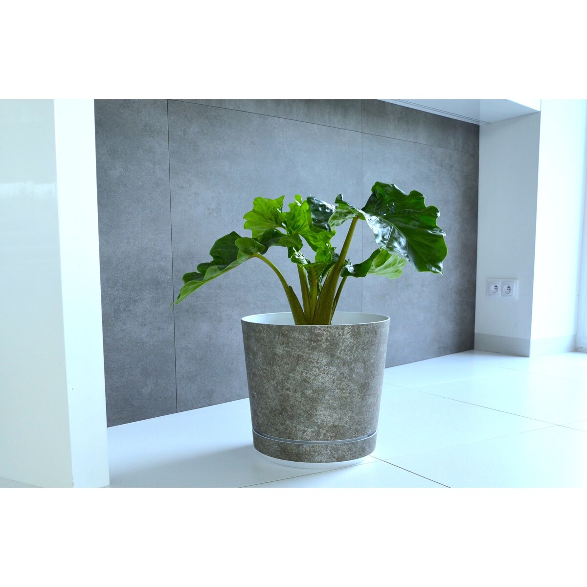 32 cm wzór Szary gres TRIBECA 013 Doniczka z podstawką matowa duża szeroka donica z połyskującym srebrnym wzorem