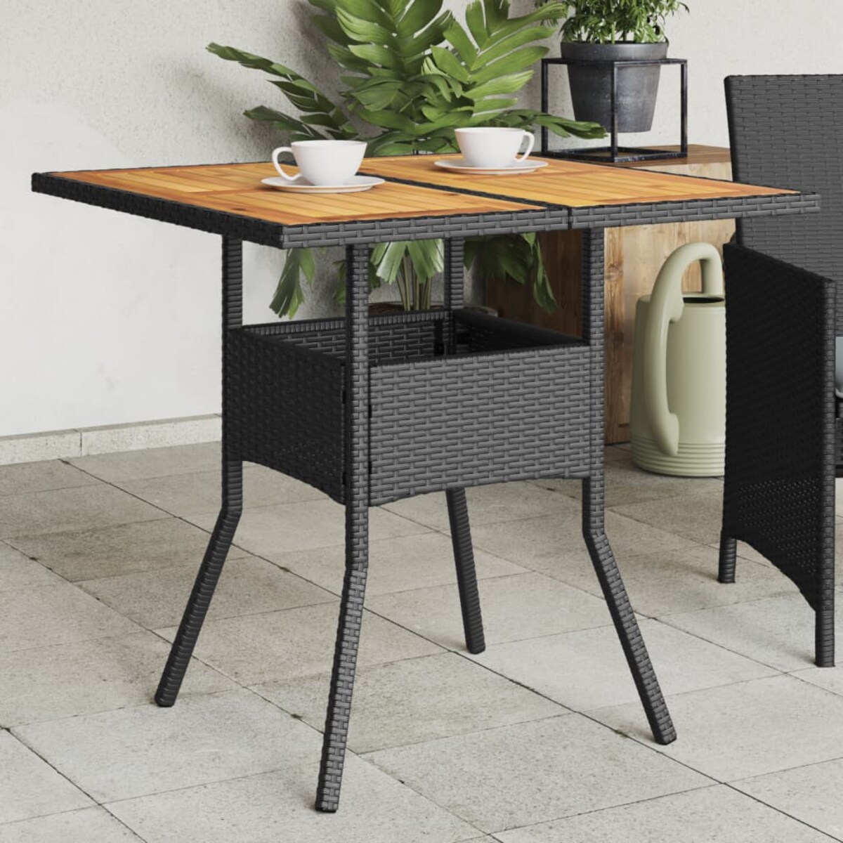 vidaXL Stół ogrodowy z akacjowym blatem, czarny, 80x80x75cm, rattan PE