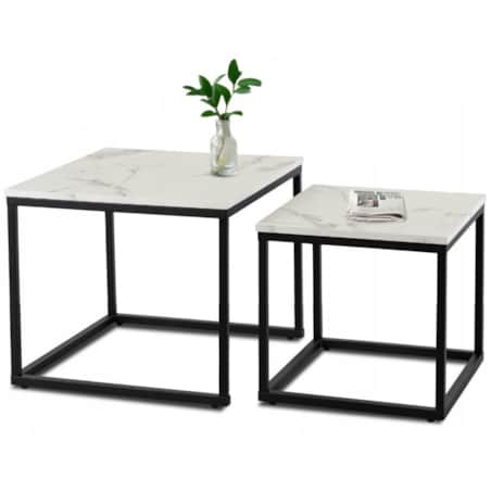 Stolik Kawowy Kwadratowy Marmur Biały Zestaw 2w1 Ława Glamour Biała ORI