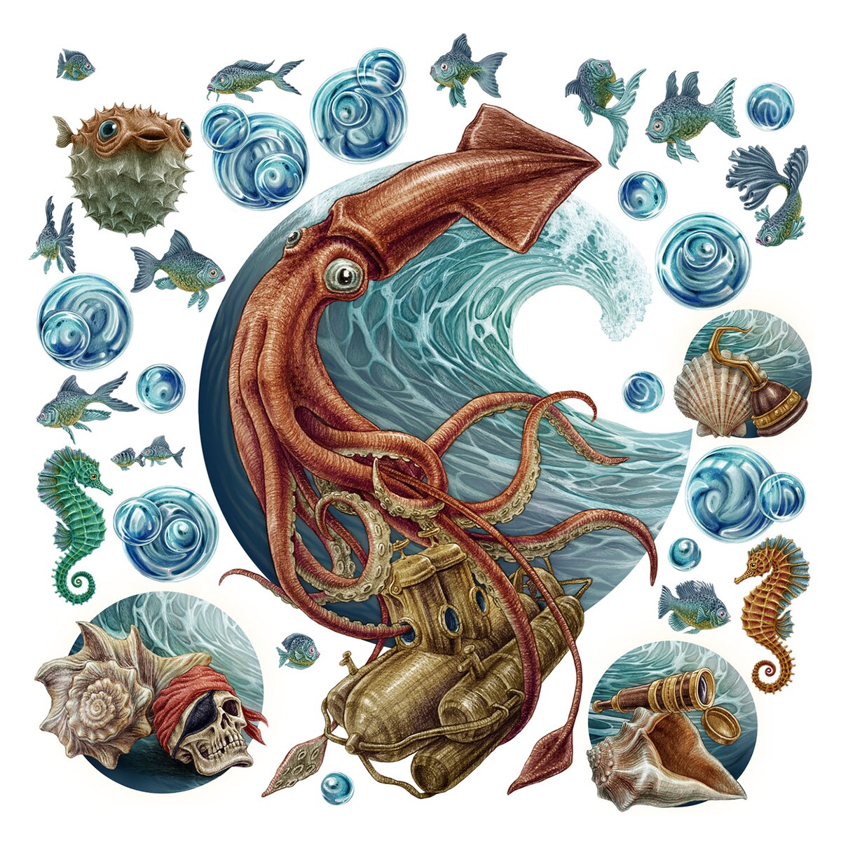 Zestaw naklejek na ścianę, Łódź podwodna, 60cm