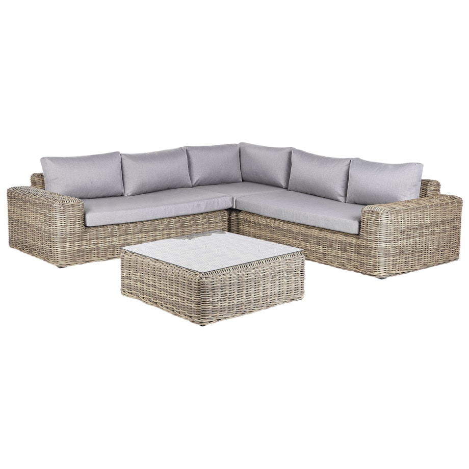 Narożnik ogrodowy z otomaną dla 6 osób PALERMO Modułowy Technorattan Jasnobrązowy