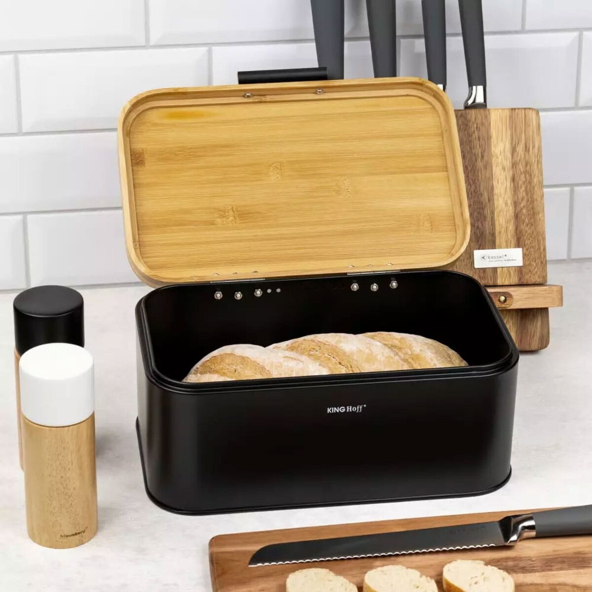 Chlebak stalowy z pokrywą bambusową pojemnik czarny KINGHOFF