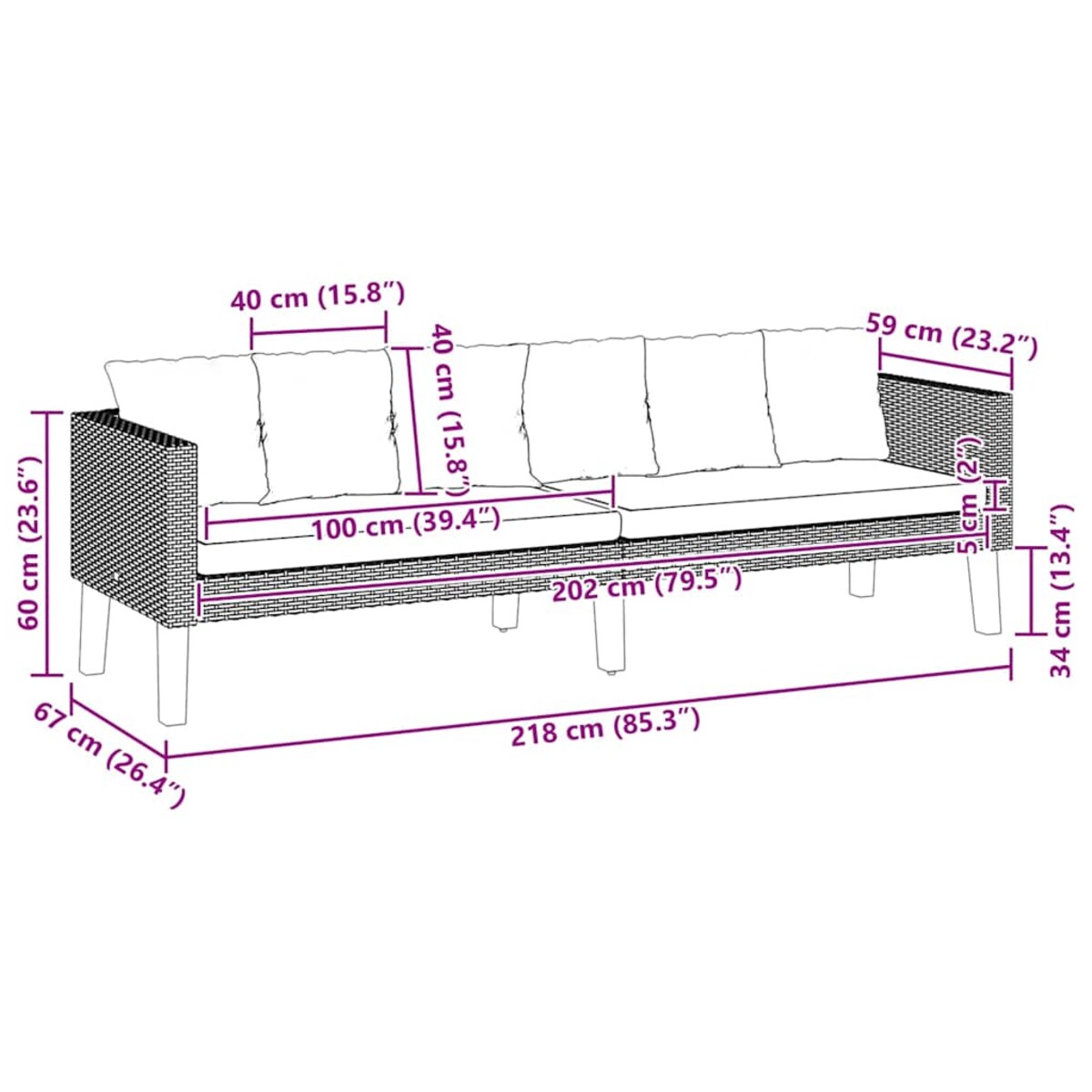 vidaXL 3-osobowa sofa ogrodowa z poduszkami, rattan PE, czarny