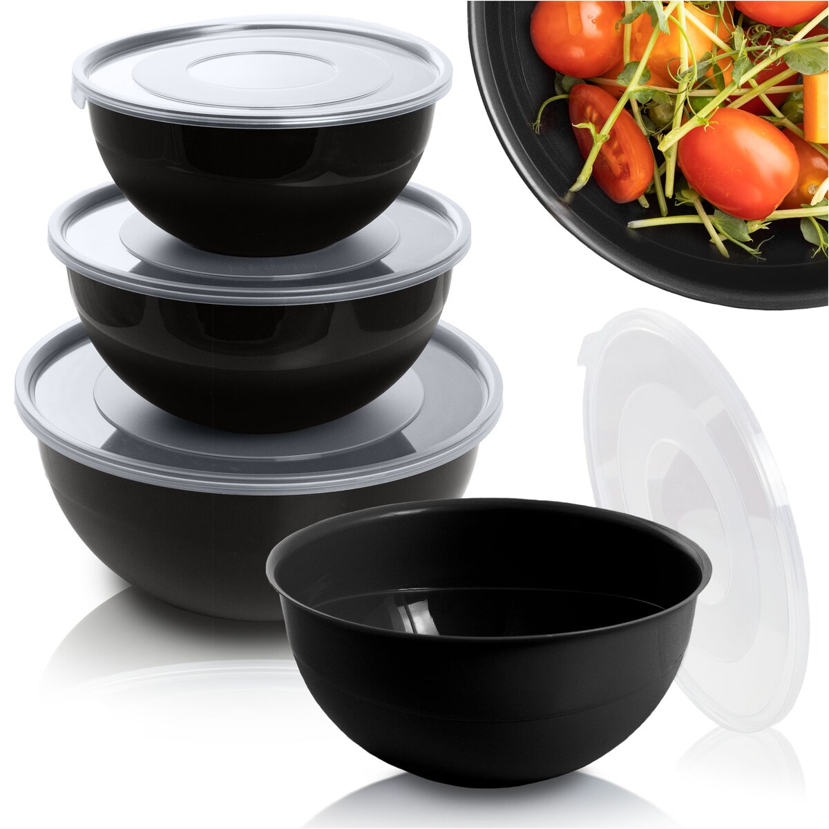 Miska Plastikowa Okrągła Kuchenna Z Pokrywką Zamykaniem Zestaw Misek 3 Szt. Misa Czarna