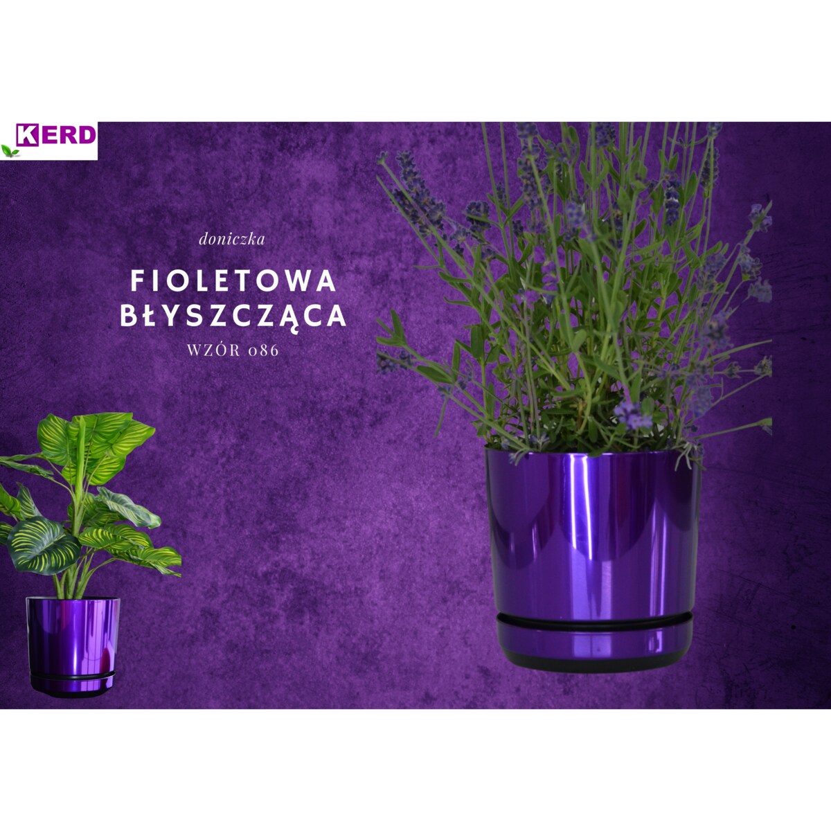 21 cm wzór FIOLETOWY BŁYSZCZĄCY Doniczka z podstawką glamour wysoki połysk metaliczny wrzosy lawenda krokusy storczyk orchidea