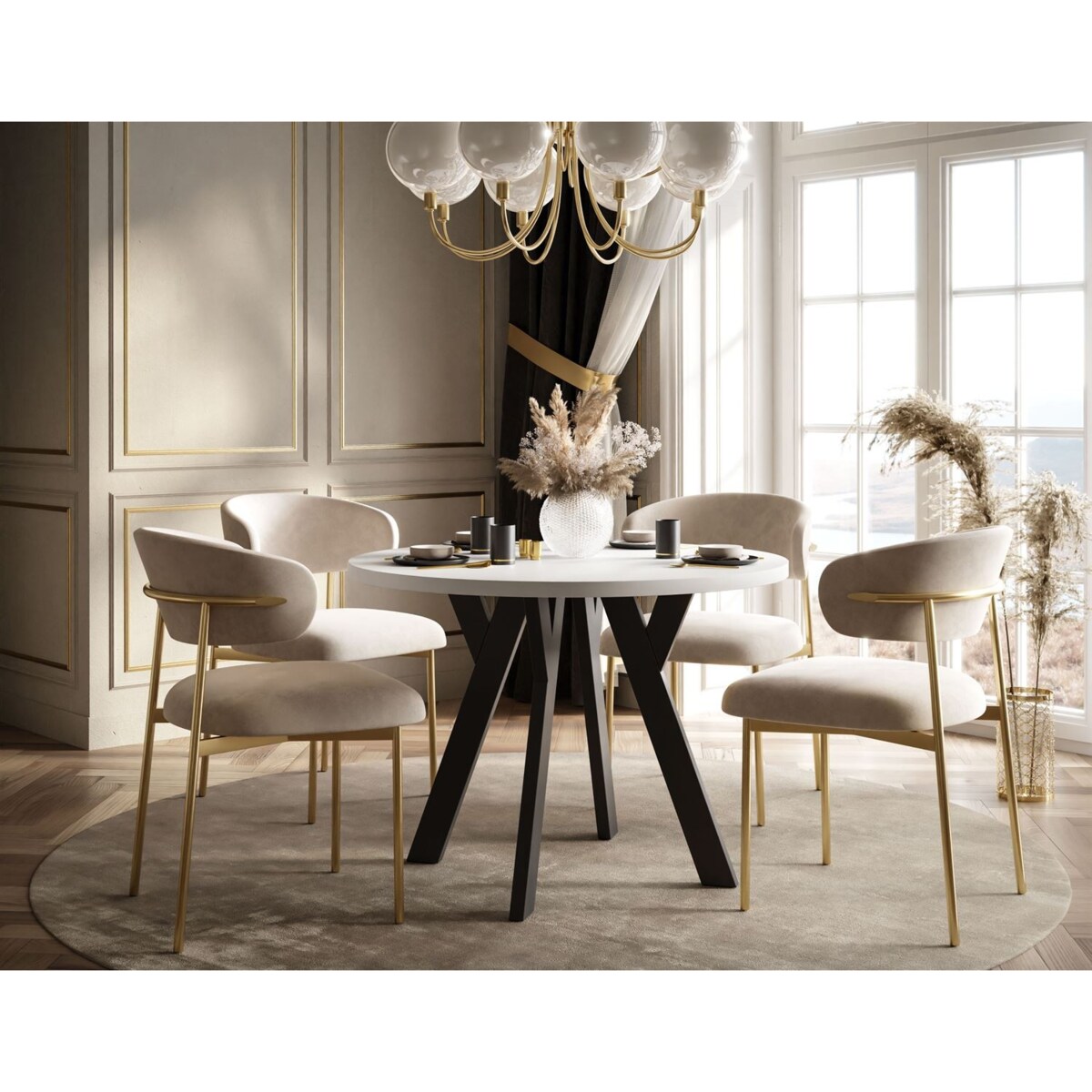 Okrągły stół rozkładany VOLTA MATT, nogi czarne, blat biały