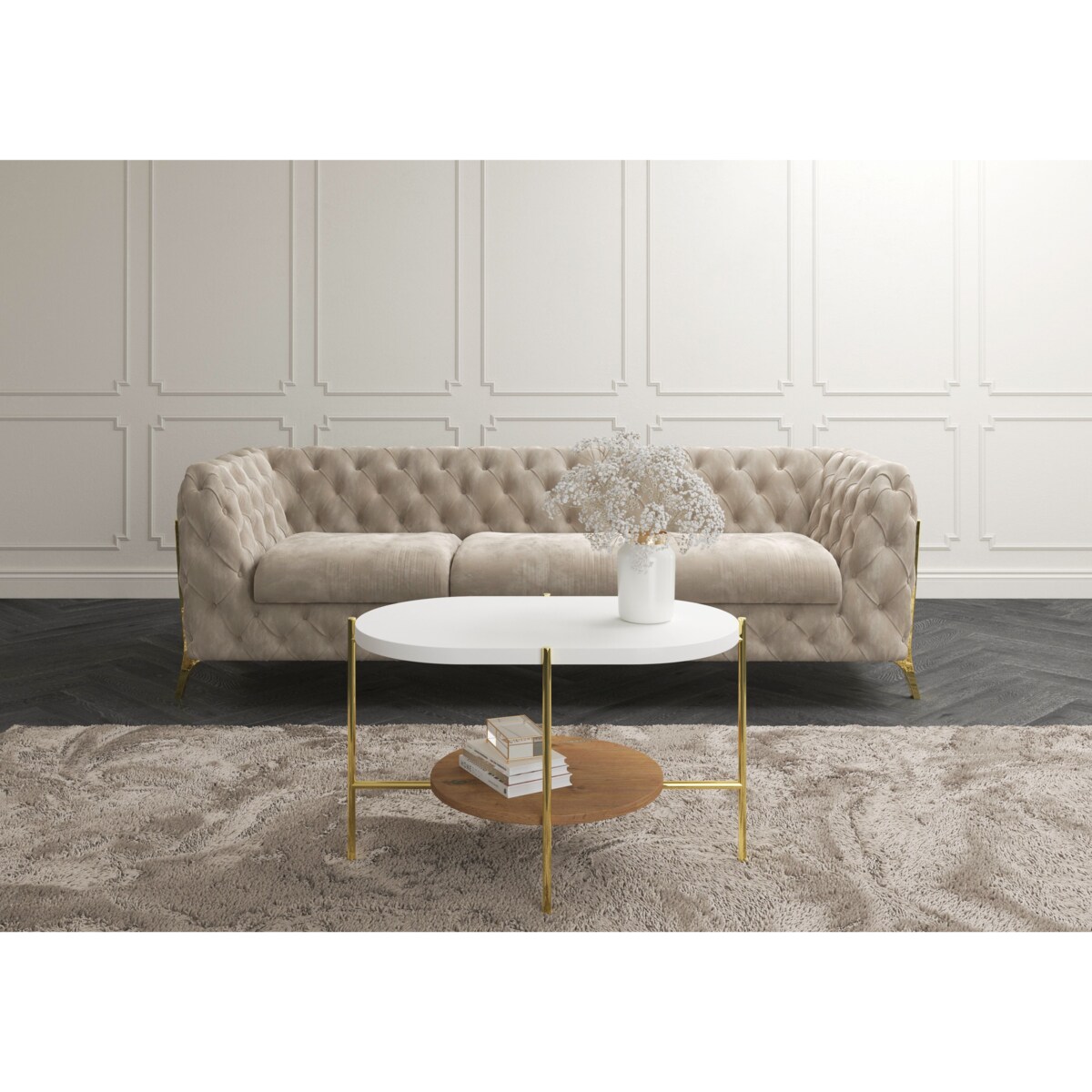 Nowoczesny stolik kawowy Dancan ARENA / złota podstawa + biały i dębowy blat