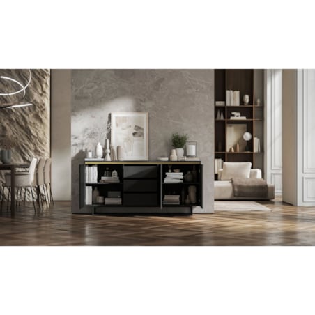 Komoda Glamour Szafka RTV Czarny MAT ryflowane fronty czarny stelaż 166,8 cm