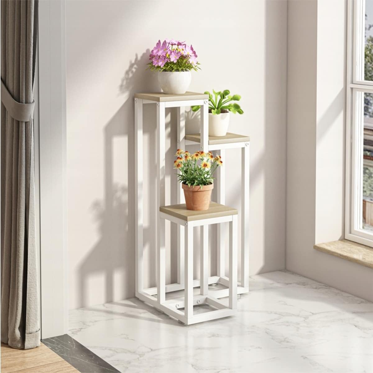 Kwietnik stojący stojak na kwiaty doniczki metalowy półki wysoki biały loft