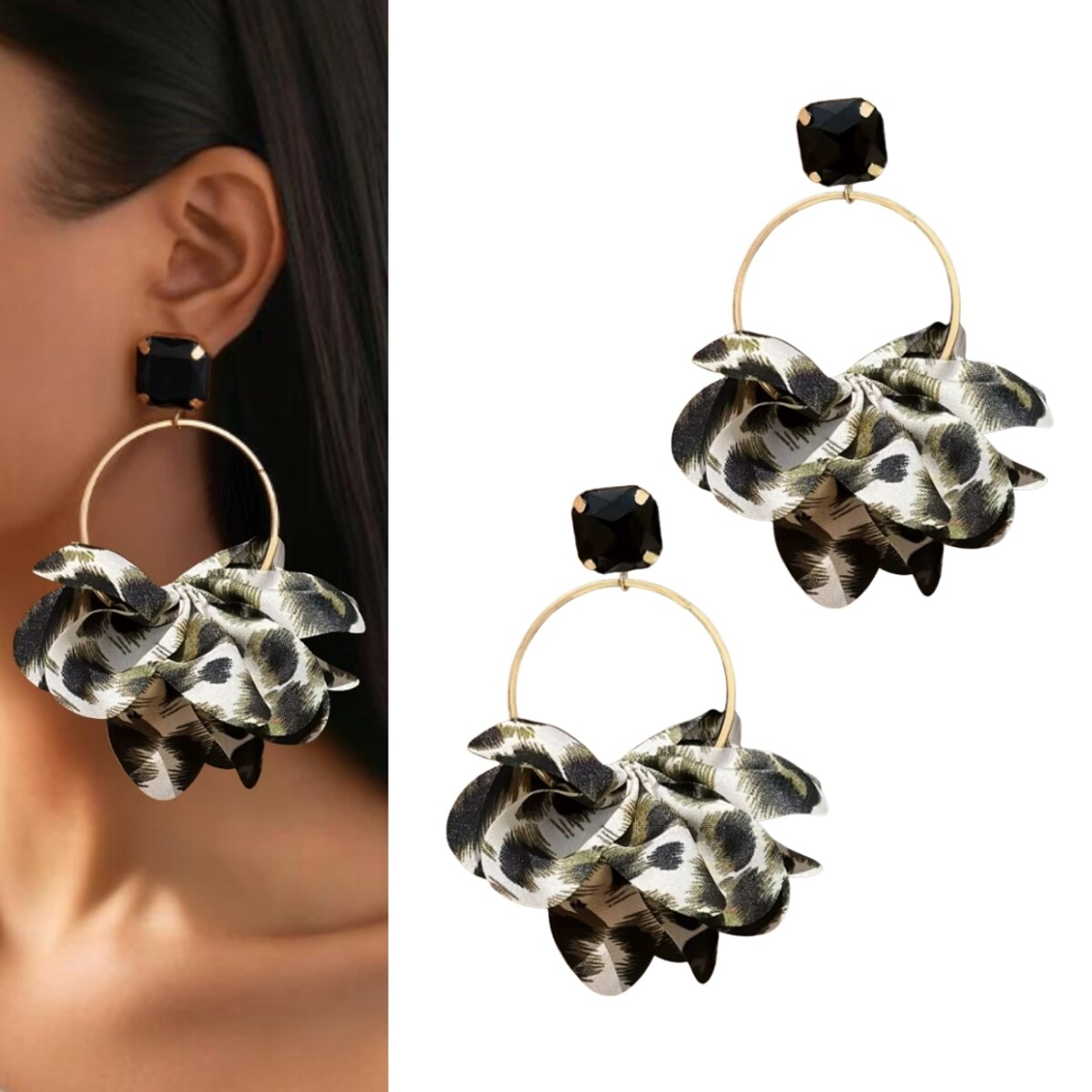 Długie kolczyki koła z zieloną PANTERKĄ satyna połysk eleganckie wesele