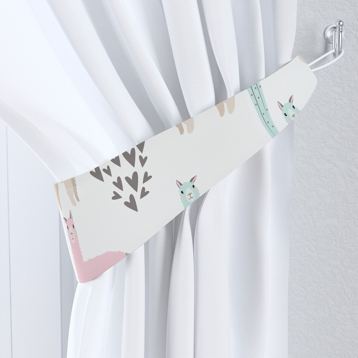 Podwiązka do zasłon, pastelowe lamy na jasnoszarym tle, 12 x 70 cm, Magic Collection