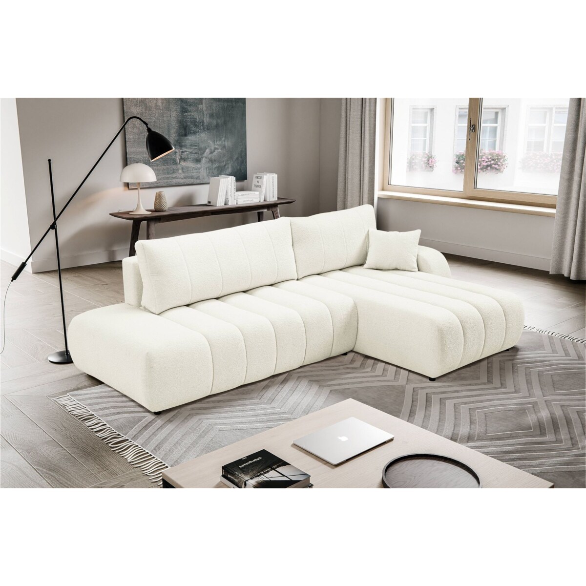 Narożnik z funkcją spania ALOO, prawostronny, tkanina boucle-śmietankowa