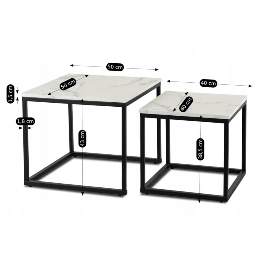 Stolik Kawowy Kwadratowy Marmur Biały Zestaw 2w1 Ława Glamour Biała ORI