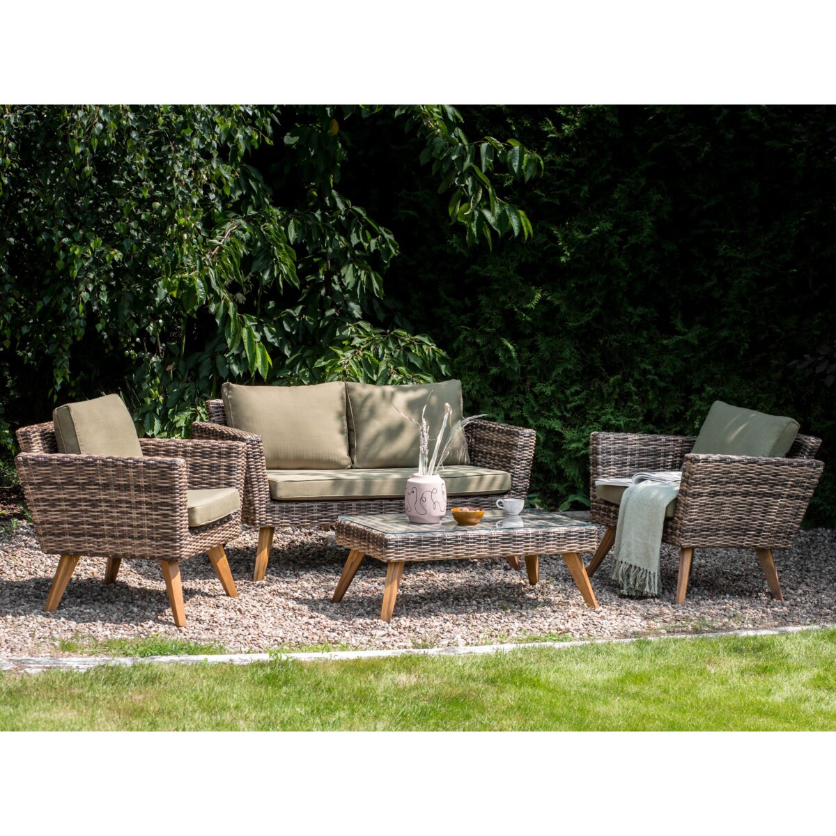 Zestaw ogrodowy ze stolikiem dla 4 osób VITTORIA Technorattan Oliwkowy