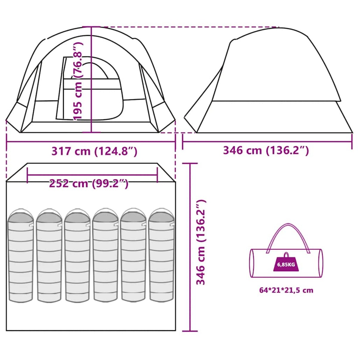 vidaXL Namiot rodzinny, 6-os., szaro-pomarańczowy, wodoszczelny