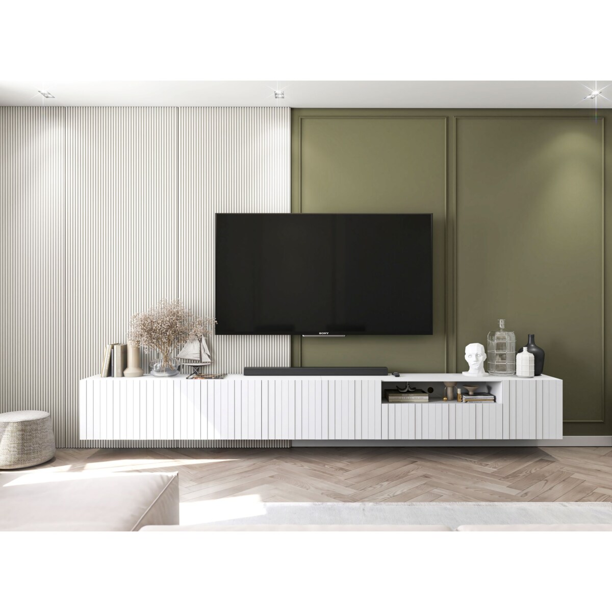 Nowoczesna Wisząca Szafka RTV Glamour Komoda RTV Biały Mat 300 cm