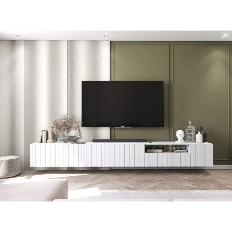 Nowoczesna Wisząca Szafka RTV Glamour Komoda RTV Biały Mat 300 cm