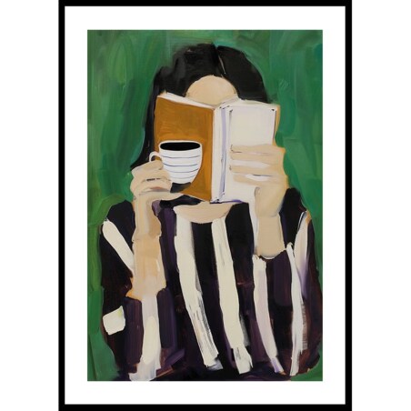 Poster Story, Plakat, Obraz - Kobieta z Książką i Filiżanką Kawy, wymiary 21 x 30 cm