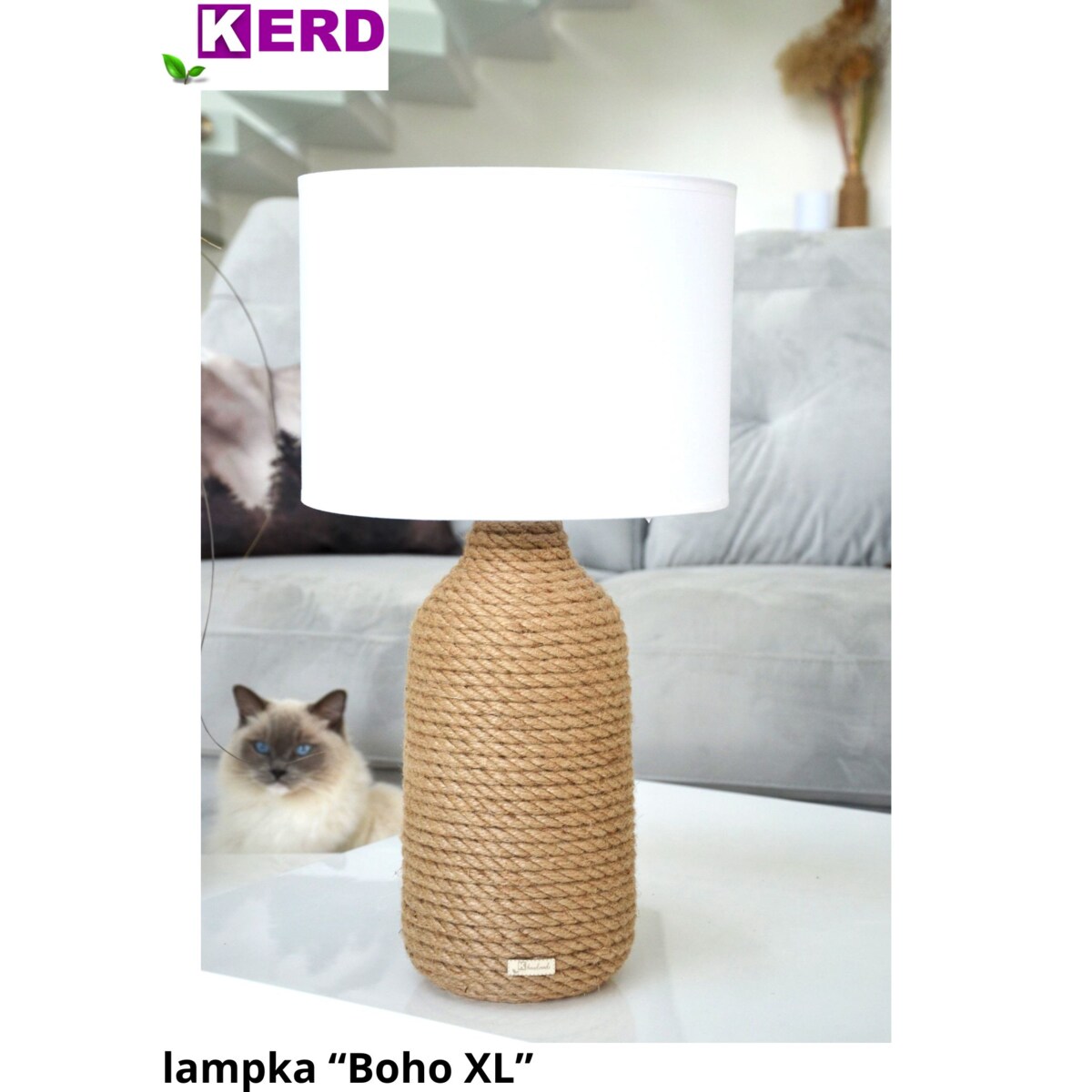 BOHO XL Lampka stołowa h 54 cm Boho naturalny sznurek jutowy pleciony * styl etno skandi skandynawski* lampka nocna biurkowa * BIAŁY abażur + juta