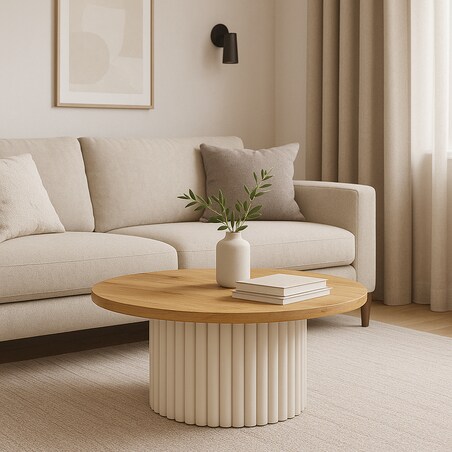 Okrągły stokil kawowy Riko 90cm ryflowana podstawa- ąb craft złoty/ kaszmir