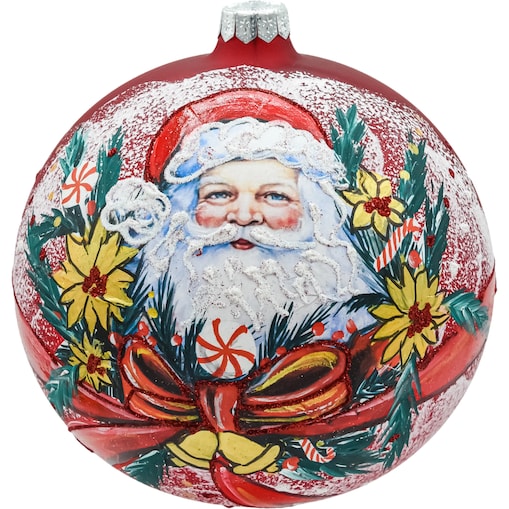 Bombka okrągła czerwona szklana: Święty Mikołaj w świątecznym wieńcu