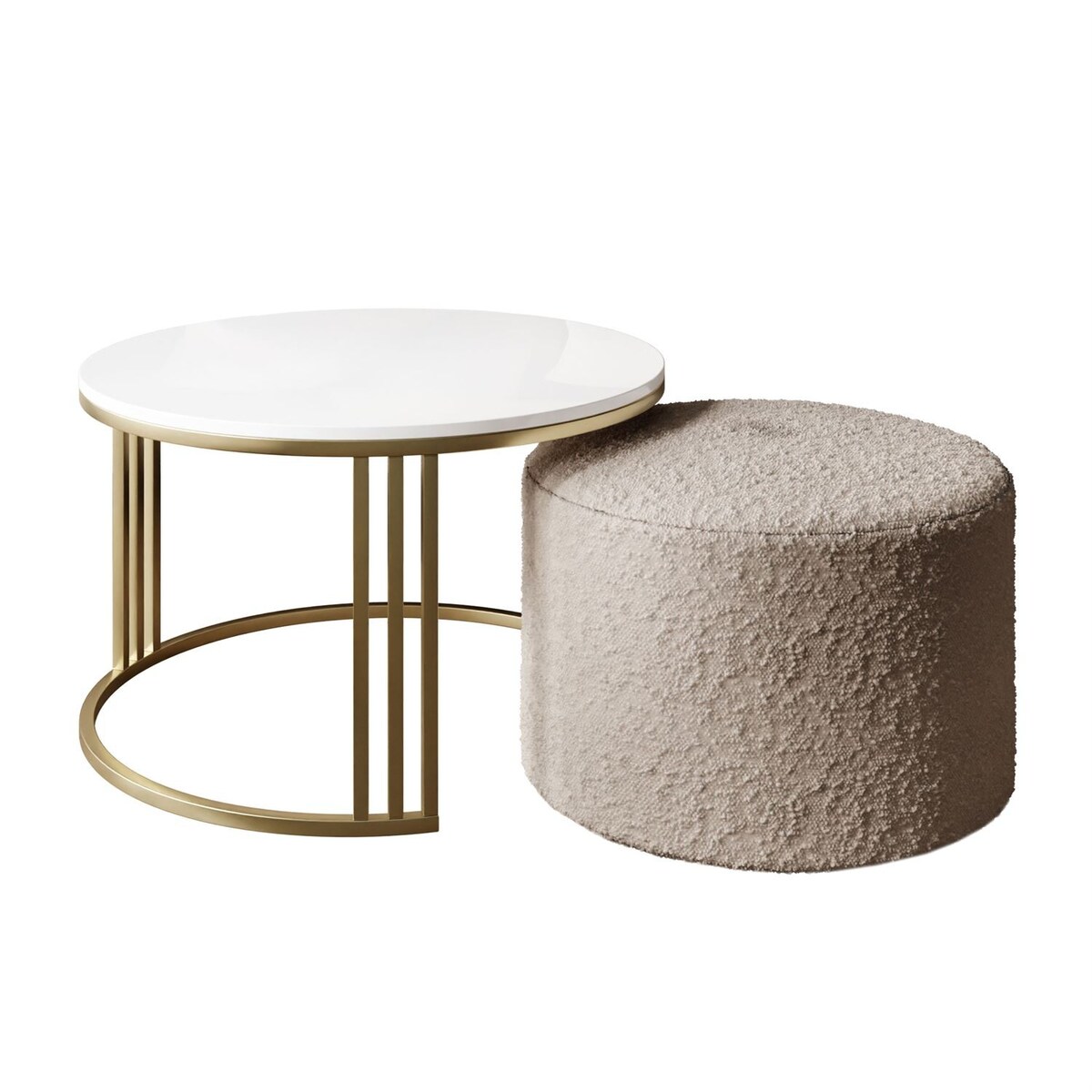 Stolik kawowy z pufą LORI POŁYSK złoto szczotkowane, biały / Coral 50