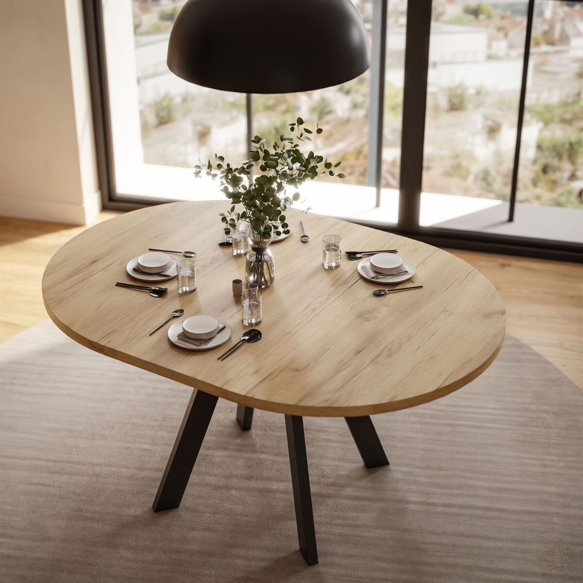 Okrągły stół rozkładany VOLTA LOFT, nogi czarne, blat dąb craft złoty