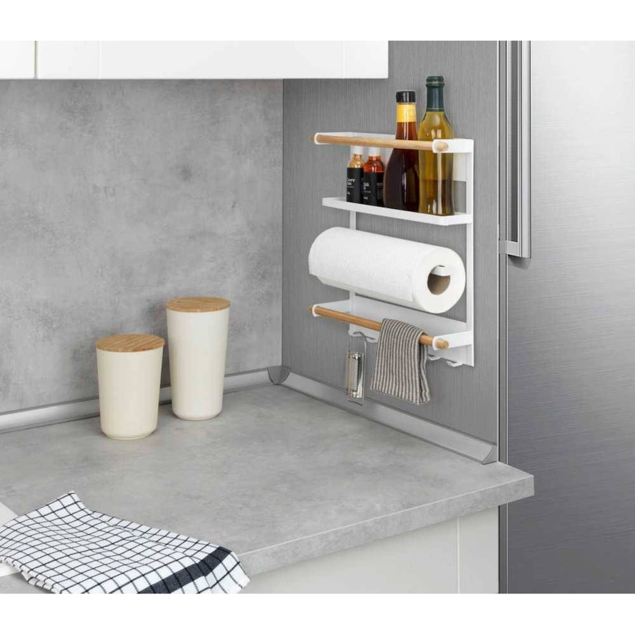 Wielofunkcyjna półka kuchenna MAGNA z uchwytem na ręcznik papierowy i haczykami, montaż bez wiercenia, WENKO