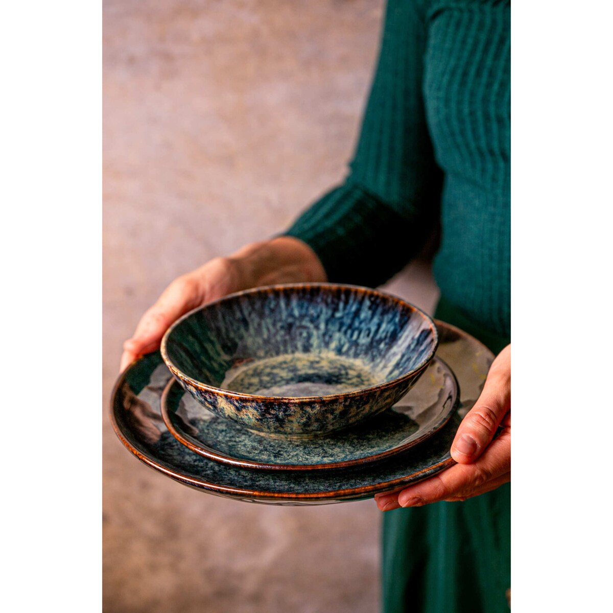 Serwis obiadowy Kasai Żółto-zielony na 6 osób 18 szt. Nowoczesny Do zmywarki Komplet talerzy